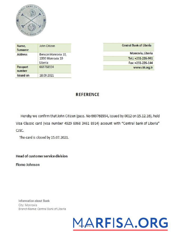 Printable Liberia Central Bank closure reference sample